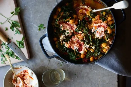 Chickpea braise with kale and harissa