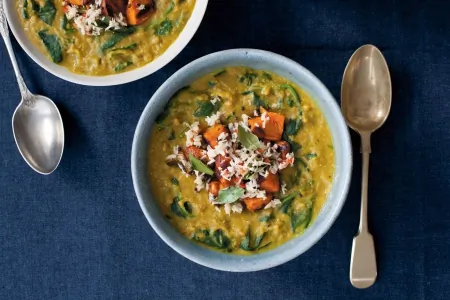 Dhal with crispy sweet potato and quick coconut chutney