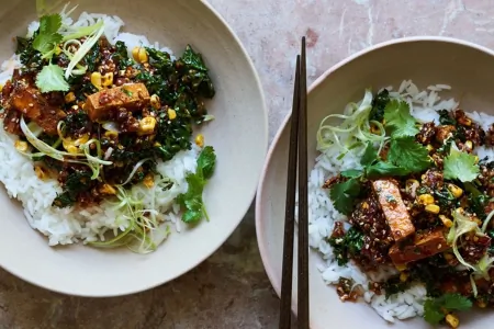Greens and caramelised tofu with XO sauce