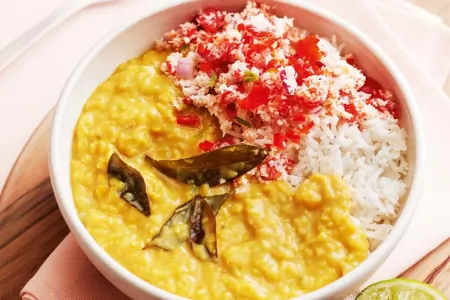 Quick coconut dal with tomato sambol